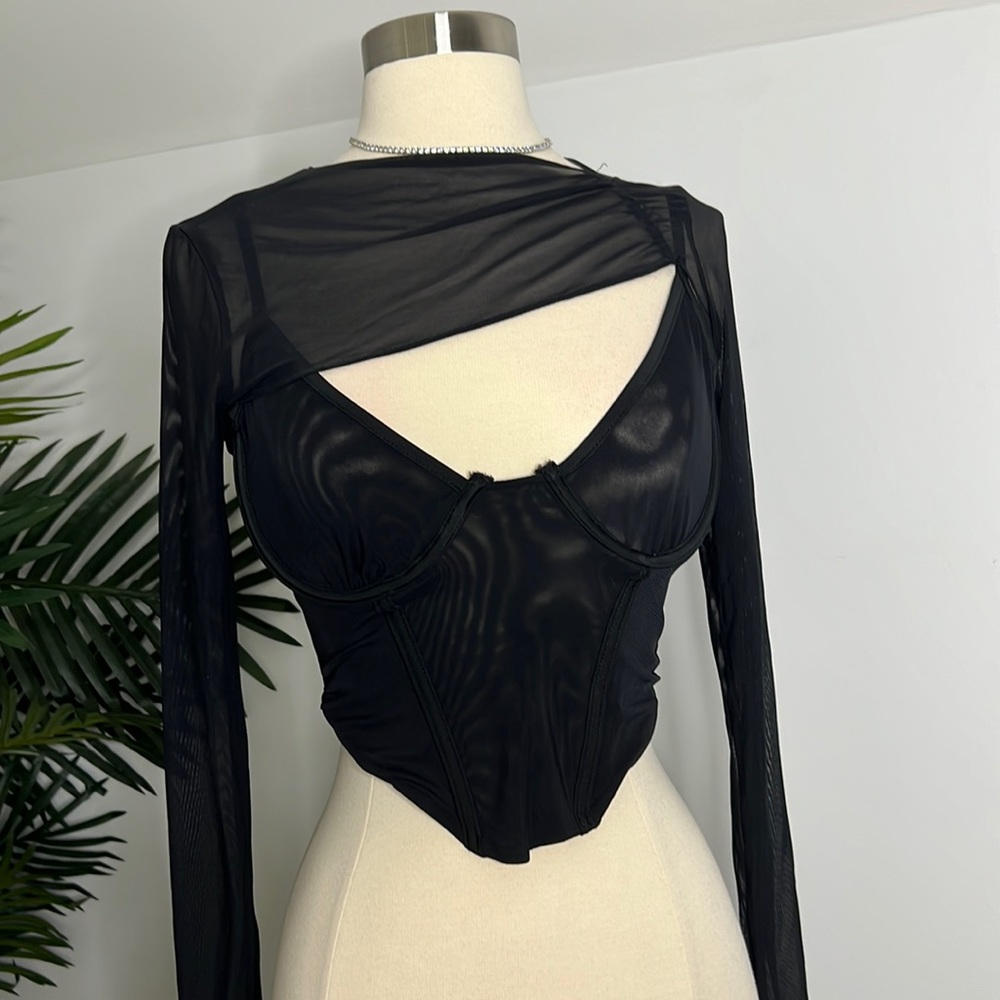 Black Corset Top with Mesh Sleeves